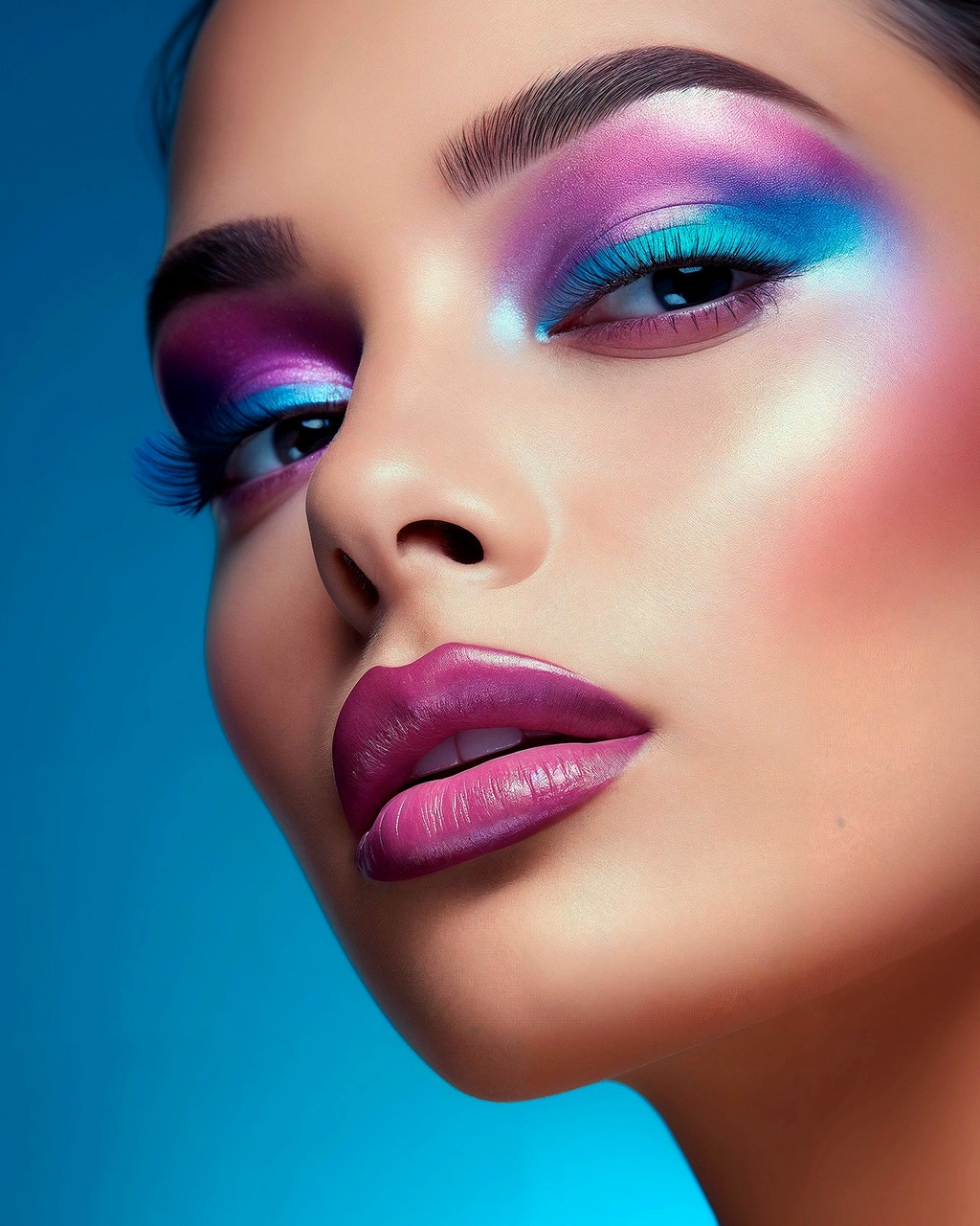 Portrait beauté avec maquillage coloré sur fond bleu