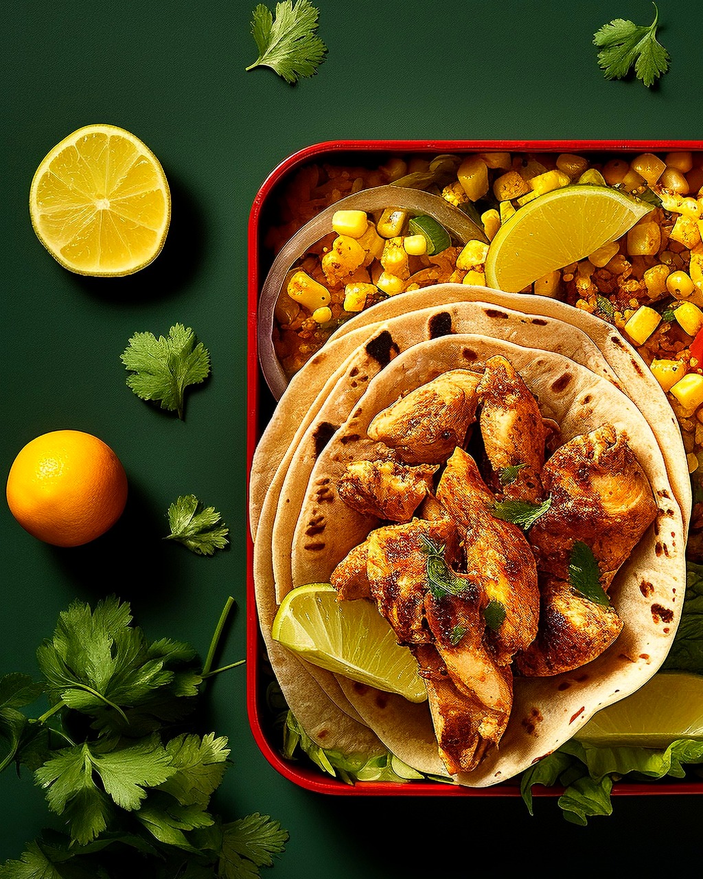Photographie culinaire de tacos au poulet avec citron vert et coriandre
